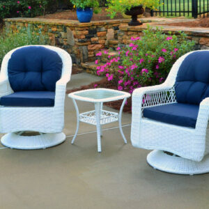 Biloxi 3 Piece Swivel Glider Bistro Set - Pure White Wicker - Navy Blue Cushions - Clear Ripple Glass