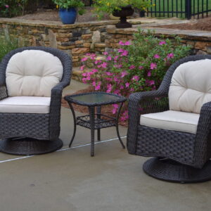 Biloxi 3 Piece Swivel Glider Bistro Set - Dark Wicker - Beige Cushions - Clear Ripple Glass