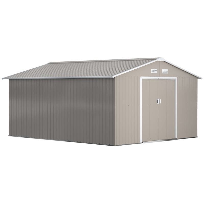 13 x 11 ft (340L x 386W cm) Garden Metal Storage Shed with Foundation, Ventilation & Sliding Doors - Light Grey - Outsunny